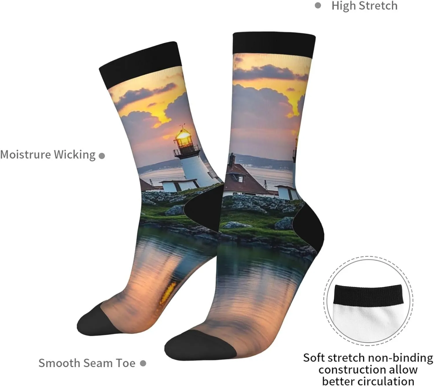 Socks for Women Men Warm Breathable Boot Socks Lighthouse at Sunset Calf Socks Crew Sock for Hiking