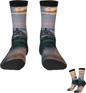 Socks for Women Men Warm Breathable Boot Socks Lighthouse at Sunset Calf Socks Crew Sock for Hiking