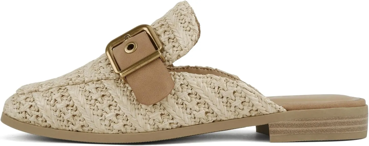 Soda Chantal ~ Women Square Toe Slip-On Low Heel Mule with Buckle Strap