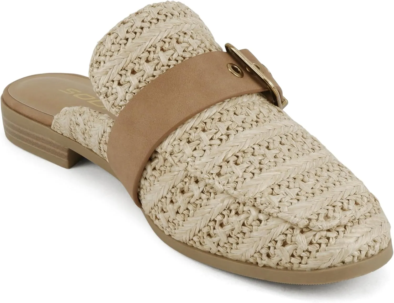Soda Chantal ~ Women Square Toe Slip-On Low Heel Mule with Buckle Strap