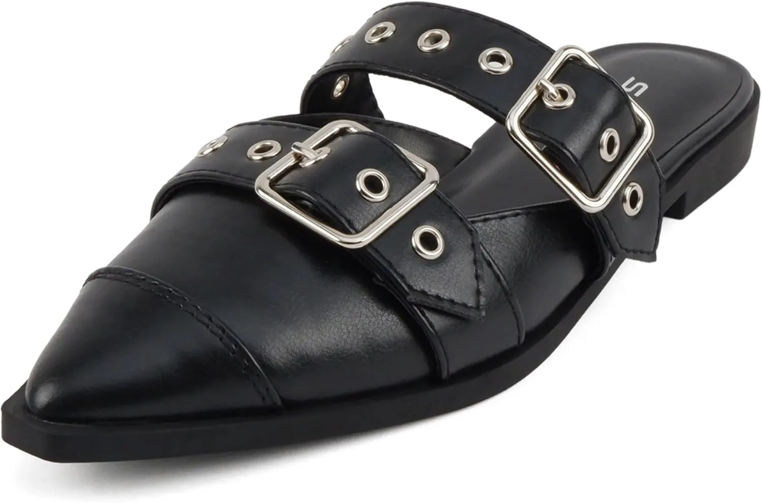 Soda Usual ~ Women Pointed Toe Slip-On Low Heel Mule with Buckle Straps