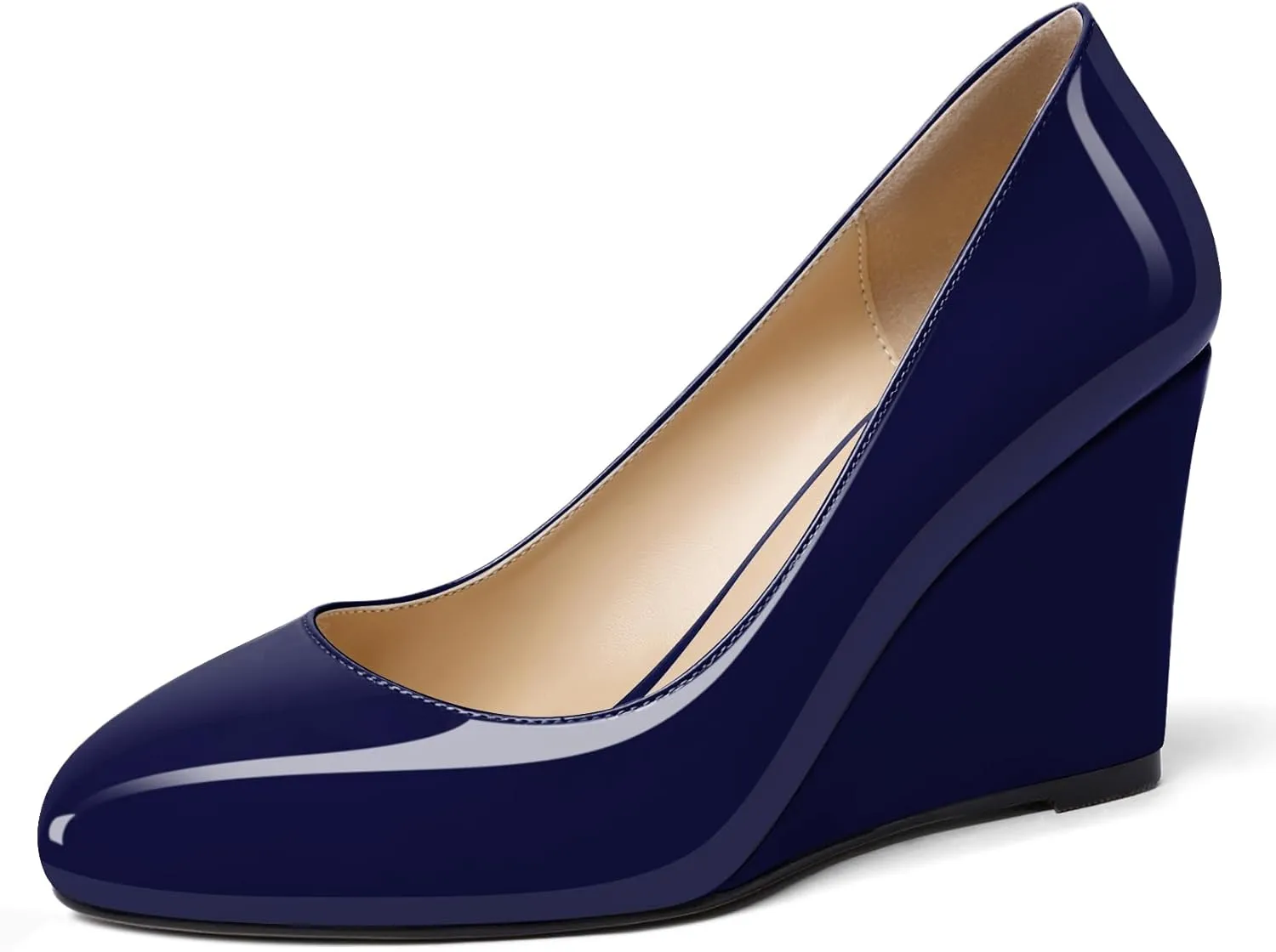 Soireelady Women Round Toe Wedges Closed Toe High Heel Pumps Slip On Wedge Heels Patent Leather Office Work Heels Elegant Dress Shoes