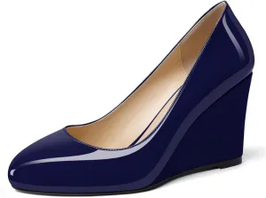 Soireelady Women Round Toe Wedges Closed Toe High Heel Pumps Slip On Wedge Heels Patent Leather Office Work Heels Elegant Dress Shoes