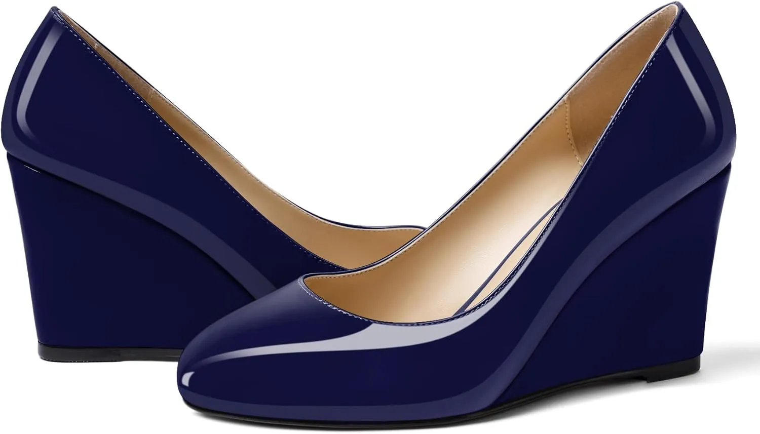 Soireelady Women Round Toe Wedges Closed Toe High Heel Pumps Slip On Wedge Heels Patent Leather Office Work Heels Elegant Dress Shoes