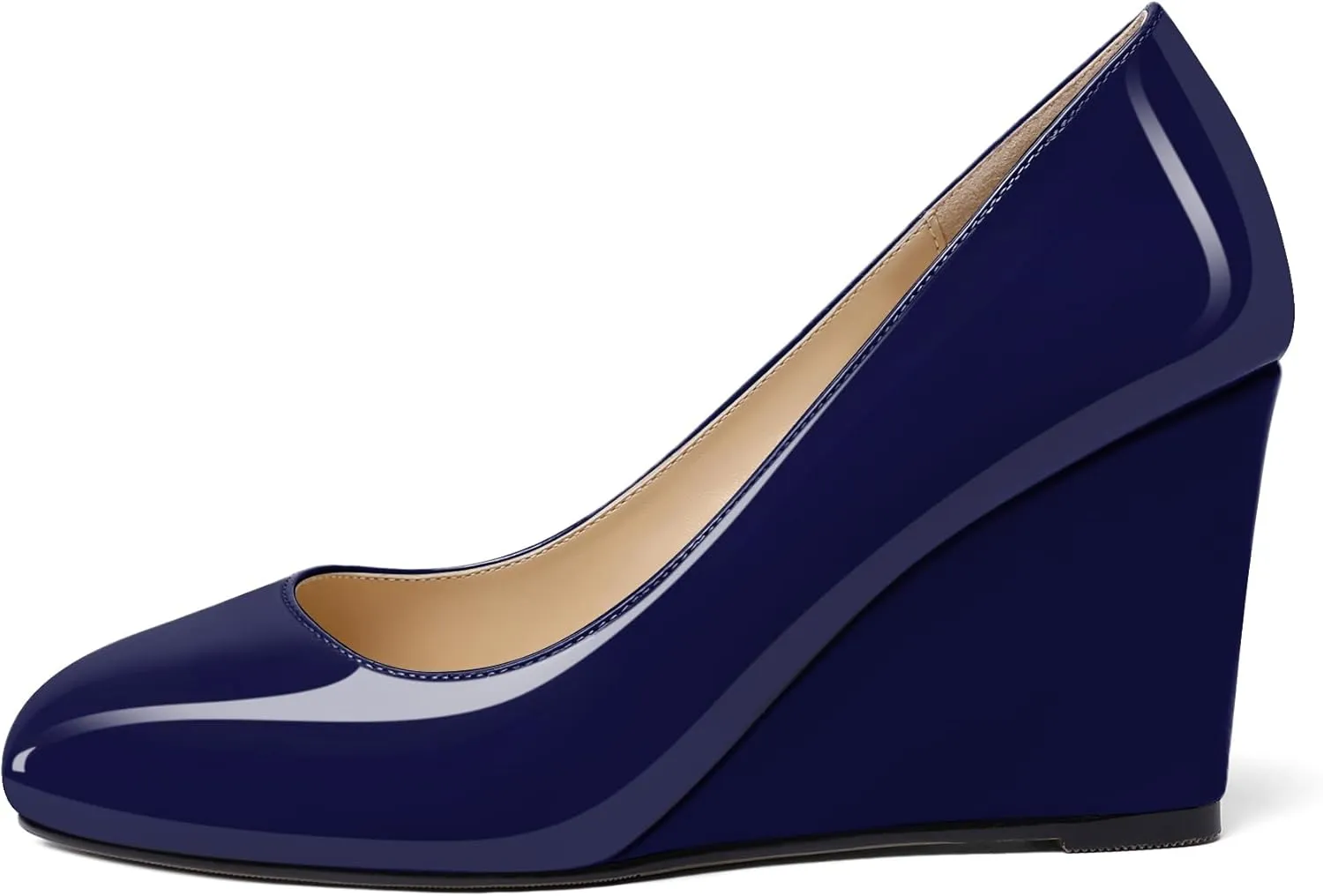 Soireelady Women Round Toe Wedges Closed Toe High Heel Pumps Slip On Wedge Heels Patent Leather Office Work Heels Elegant Dress Shoes