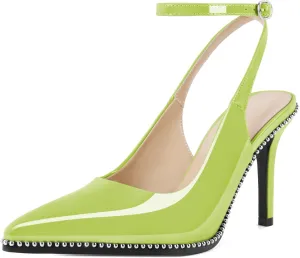 Soireelady Women Slingback High Heel Beaded Pumps Pointed Toe Stilettos Slip On Strappy Heels Ankle Strap Dress Pumps Shoes 3.5 Inches