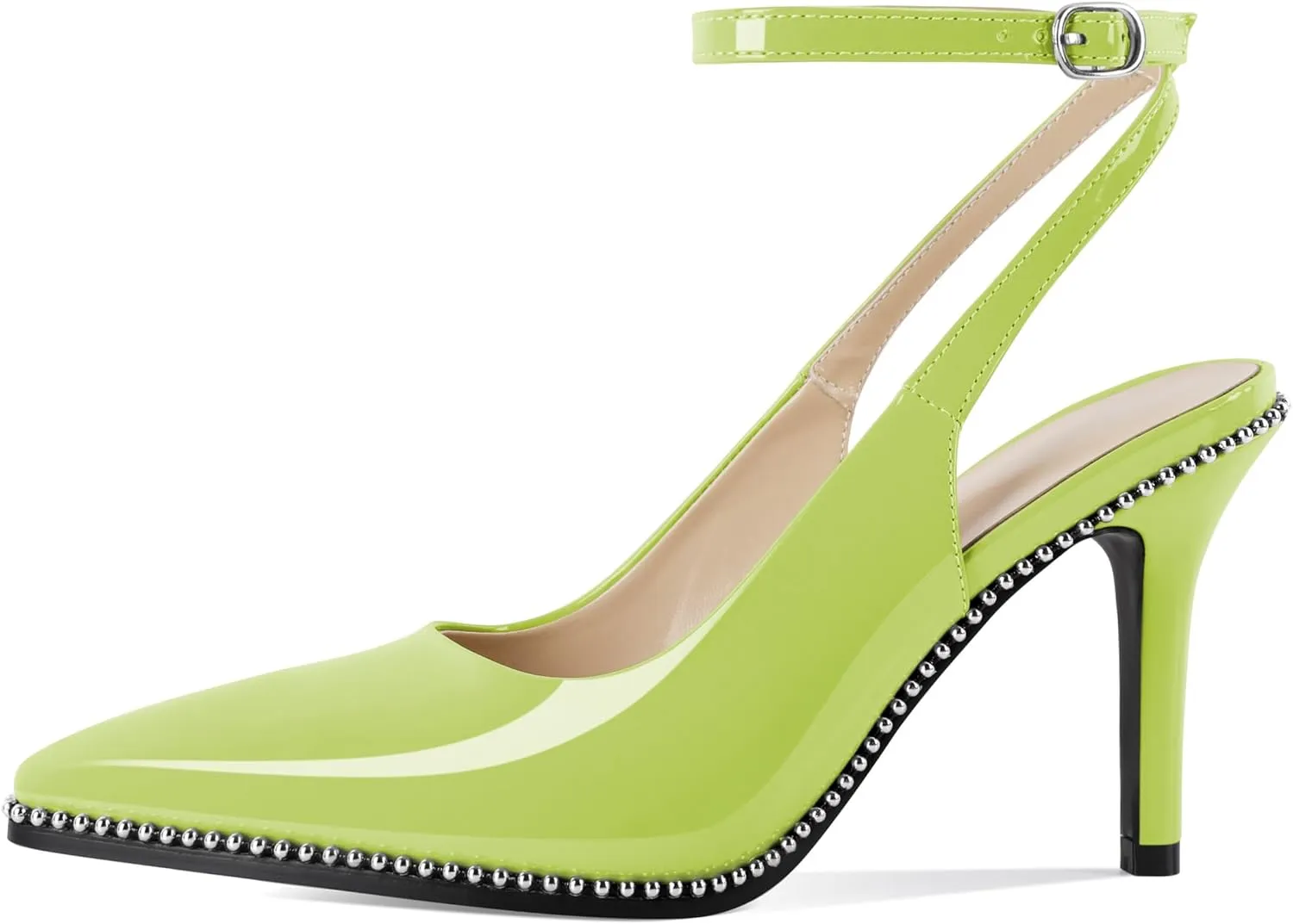 Soireelady Women Slingback High Heel Beaded Pumps Pointed Toe Stilettos Slip On Strappy Heels Ankle Strap Dress Pumps Shoes 3.5 Inches