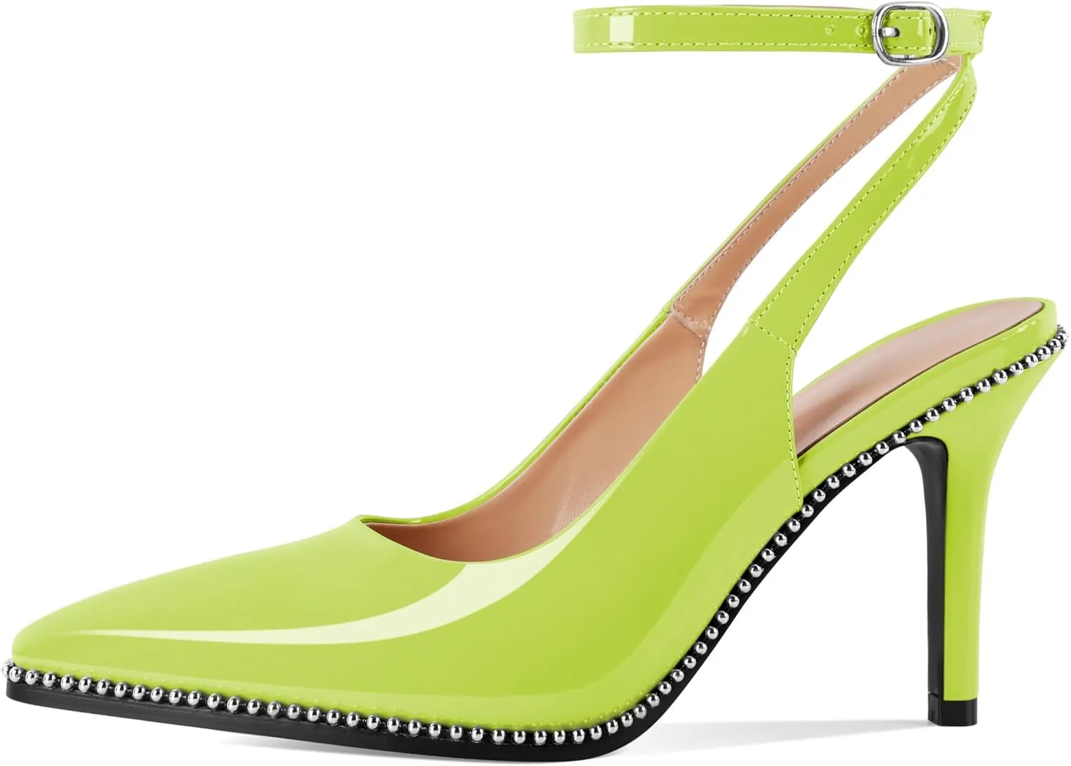 Soireelady Women Slingback High Heel Beaded Pumps Pointed Toe Stilettos Slip On Strappy Heels Ankle Strap Dress Pumps Shoes 3.5 Inches
