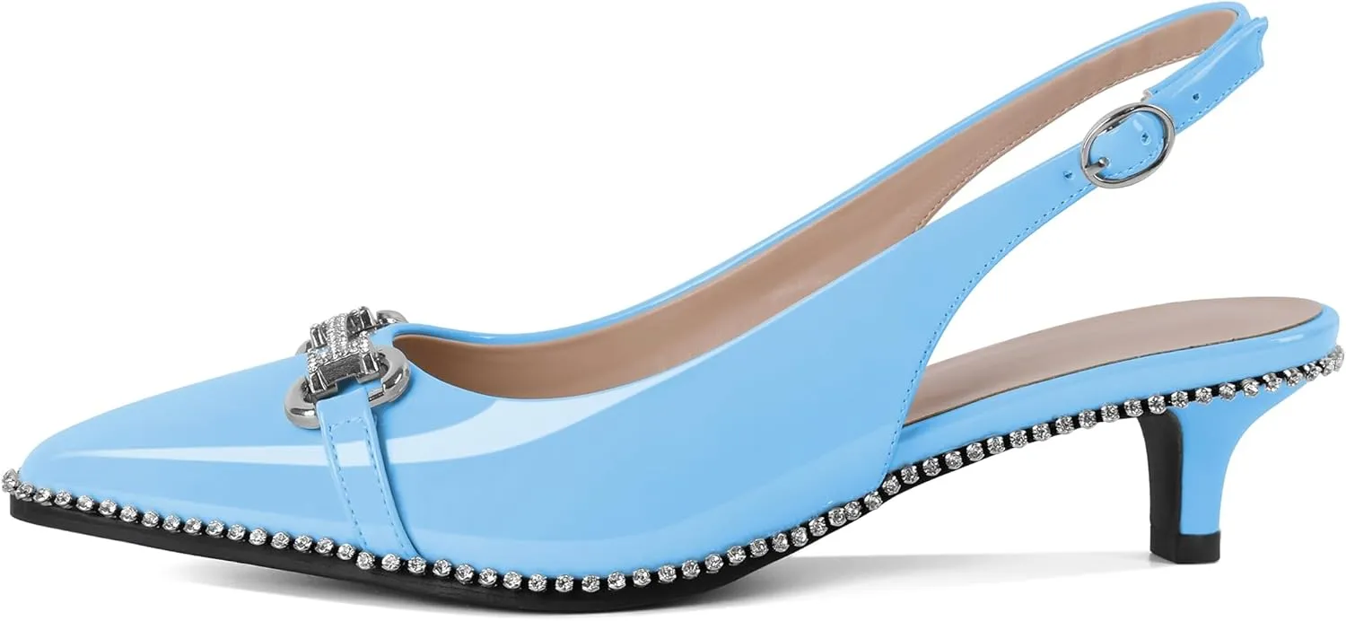 Soireelady Womens Slingback Kitten Heels Low Heel Rhinestones Beaded Pumps Closed Pointed Toe Slip On Party Fashion Dress Shoes 1.5 Inches