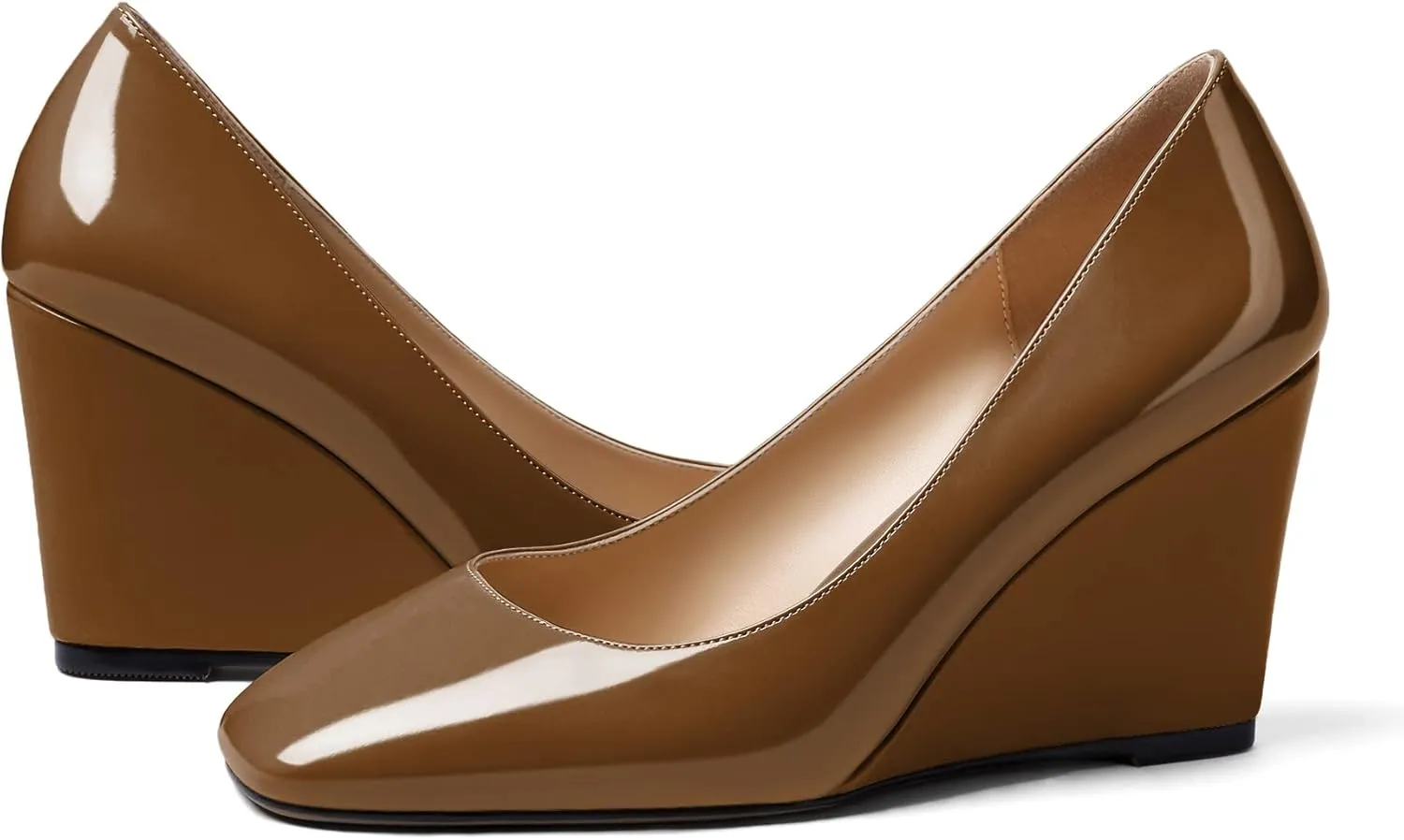 Soireelady Womens Square Toe Wedges High Heel Pumps Slip On Wedge Heels Classic Wedge Pumps Patent Leather Elegant Dressy Daily Shoes