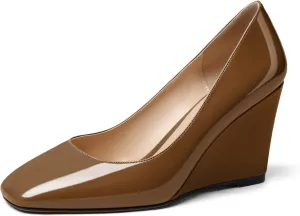 Soireelady Womens Square Toe Wedges High Heel Pumps Slip On Wedge Heels Classic Wedge Pumps Patent Leather Elegant Dressy Daily Shoes