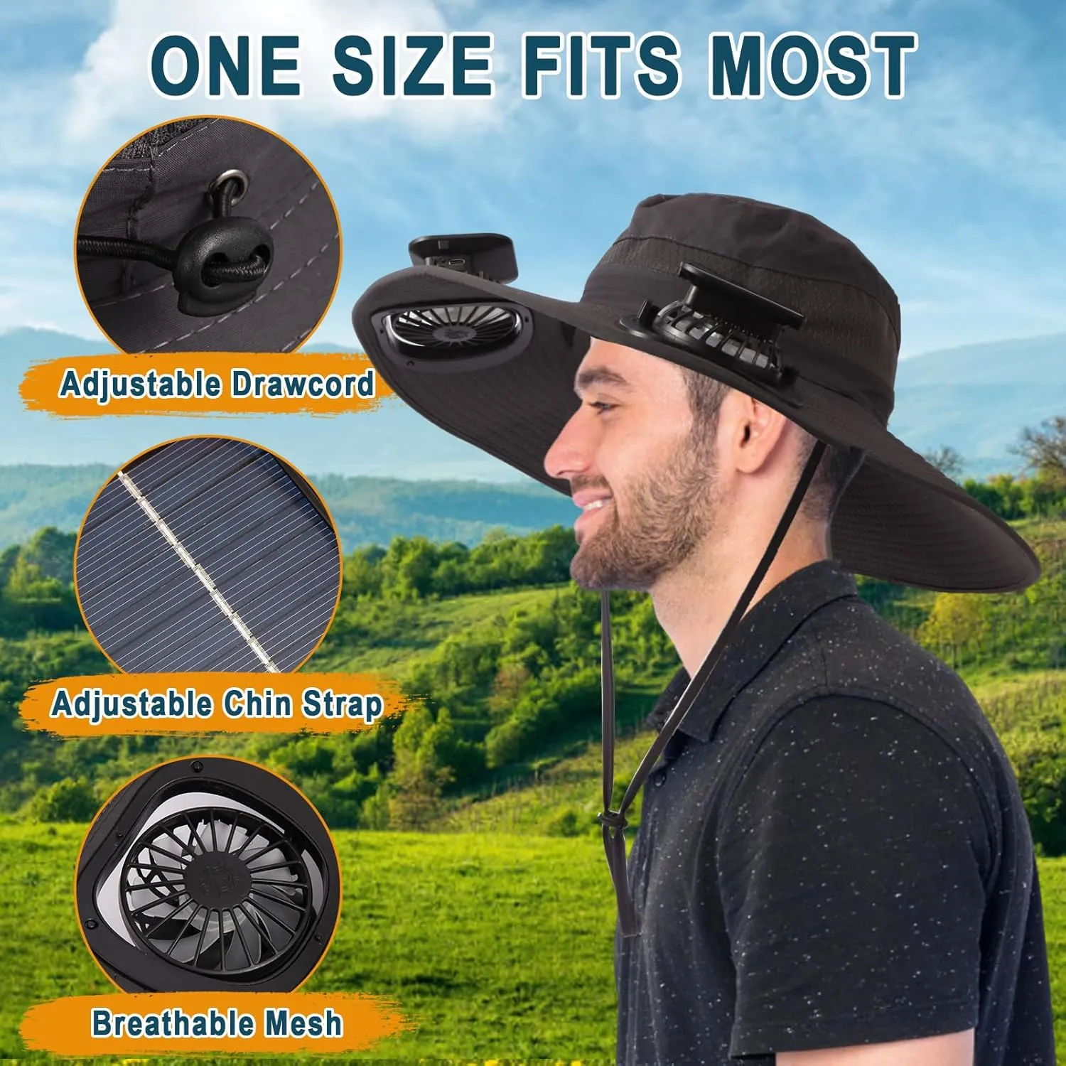 Solar Fan Hat, Wide Edge Outdoor Sun Hat with 2 Built-in Fans, UPF 50  Waterproof Outdoor Hiking Camping Fishing Hat