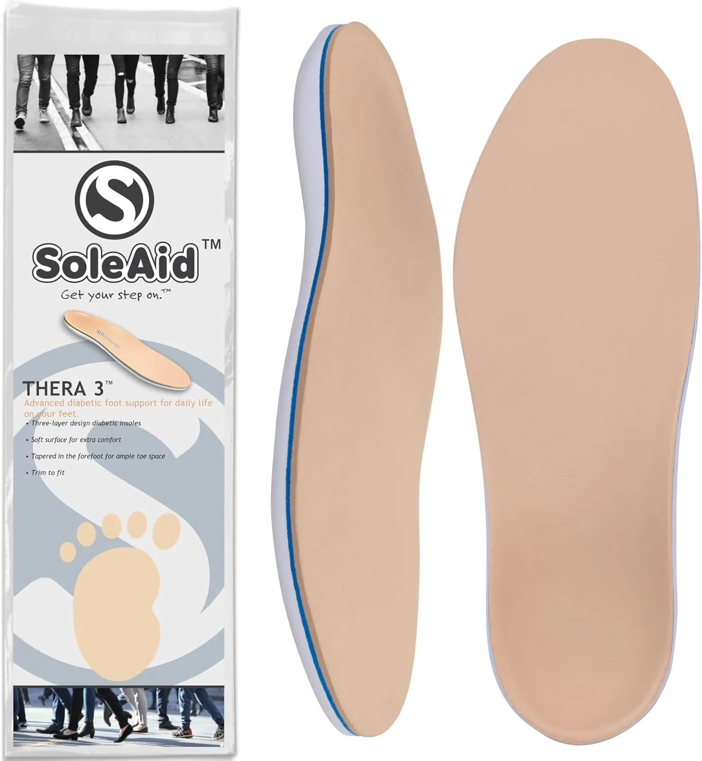 SoleAid Thera 3, 3-Layer Diabetic Insoles - Light Weight, Soft, Anti-Friction, Shock Absorbing Therapeutic Foot Support