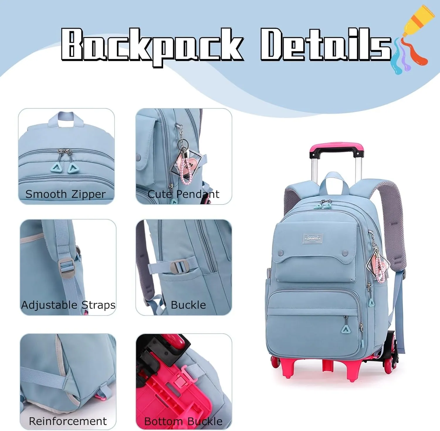 Solid Color Girls Rolling Backpack with Wheels Schoolbag Elementary School Student Trolley Daypack