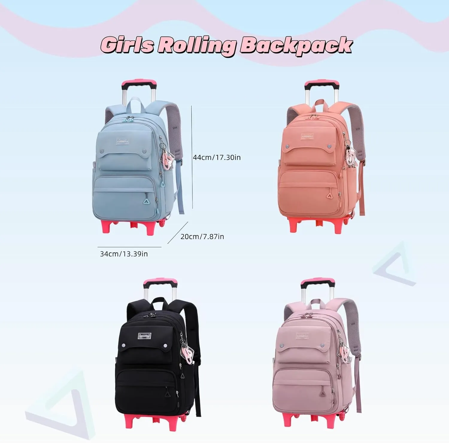 Solid Color Girls Rolling Backpack with Wheels Schoolbag Elementary School Student Trolley Daypack