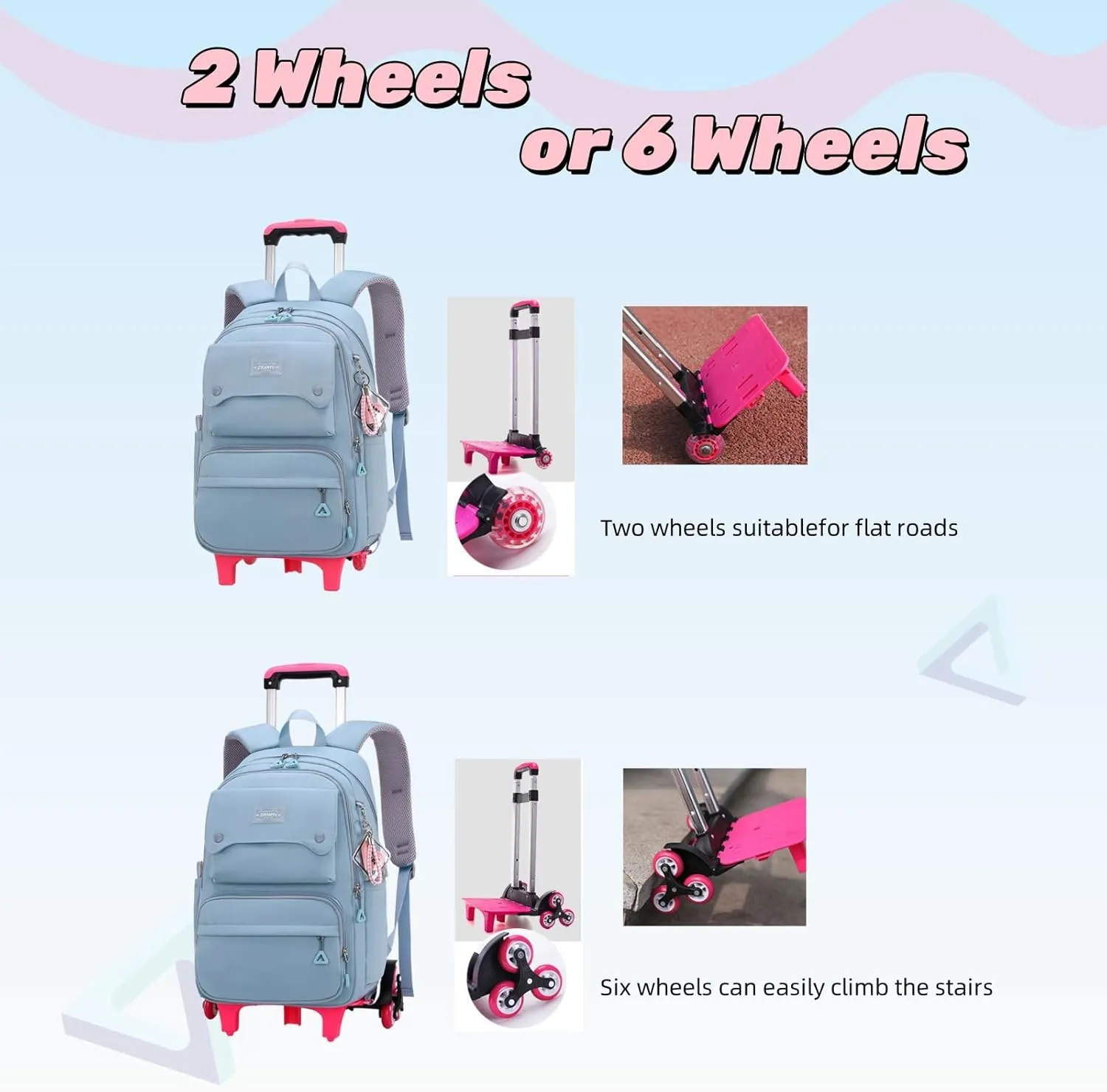 Solid Color Girls Rolling Backpack with Wheels Schoolbag Elementary School Student Trolley Daypack