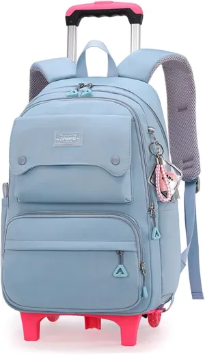 Solid Color Girls Rolling Backpack with Wheels Schoolbag Elementary School Student Trolley Daypack