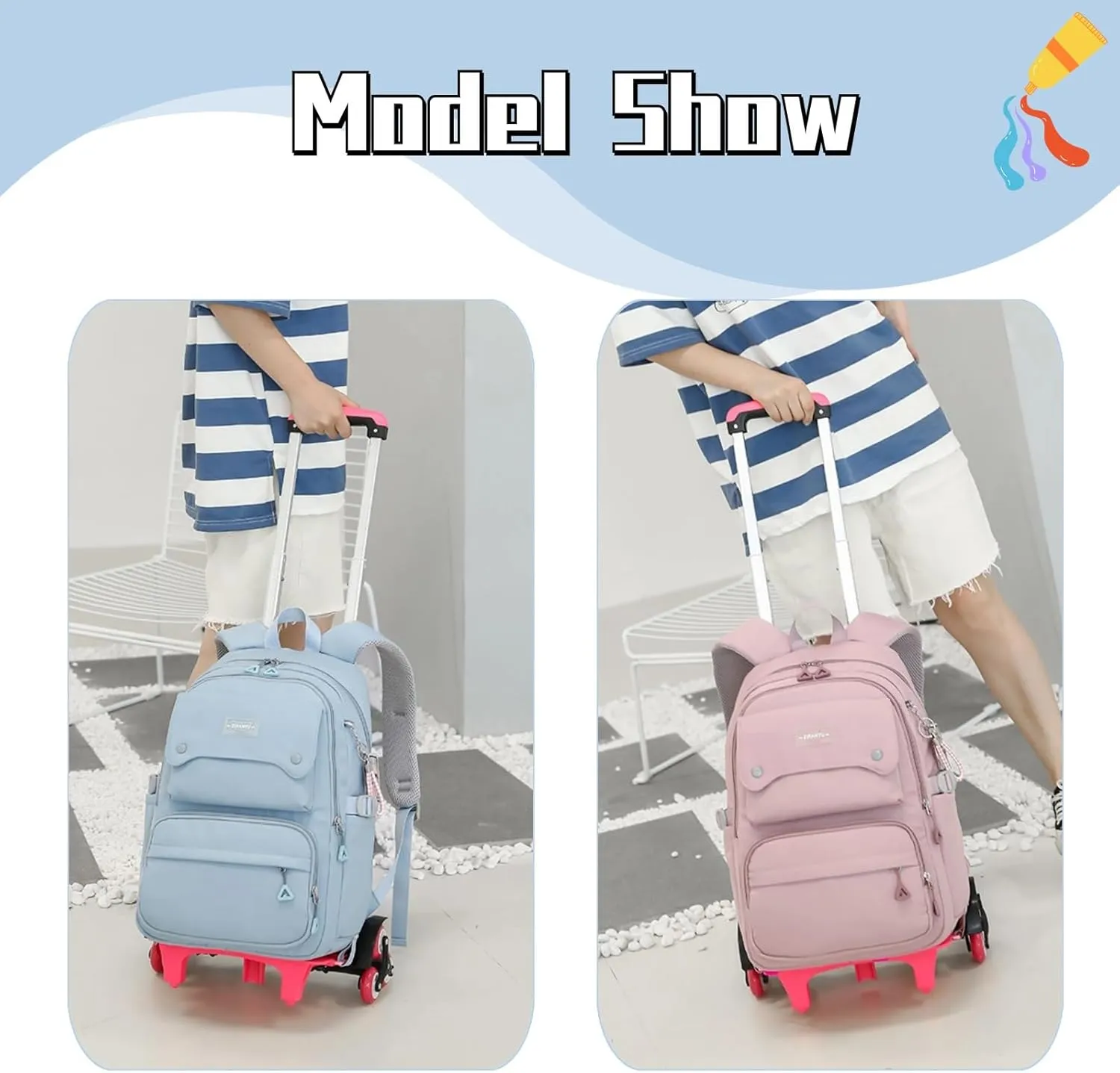 Solid Color Girls Rolling Backpack with Wheels Schoolbag Elementary School Student Trolley Daypack