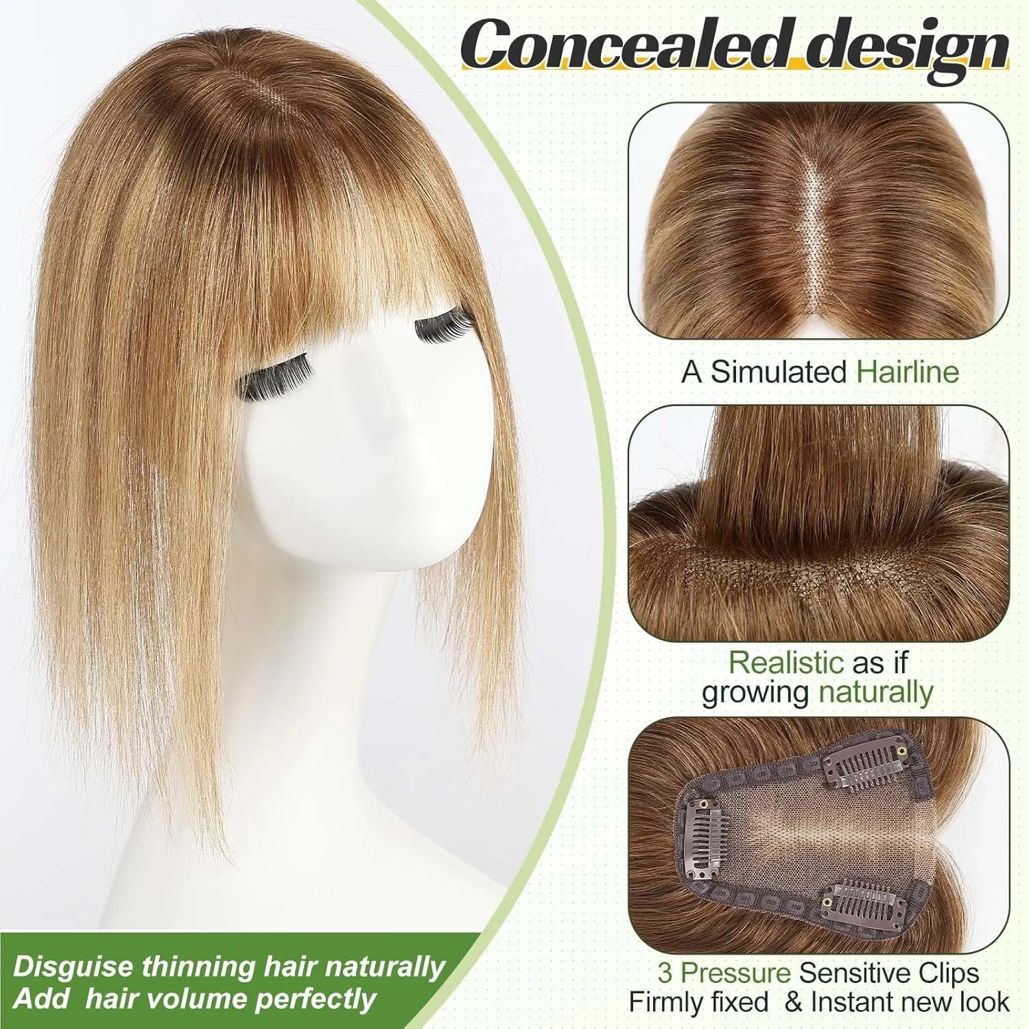 starluck 12 Inch Real Human Hair Toppers for Women with bangs,100% Human Hair Toppers for Women with thinning hair hair loss, 4inch x3inch Swiss Base-Ombre Ash Blonde (Mixed light brown highlight)
