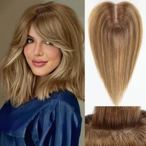 starluck 12 Inch Real Human Hair Toppers for Women with bangs,100% Human Hair Toppers for Women with thinning hair hair loss, 4inch x3inch Swiss Base-Ombre Ash Blonde (Mixed light brown highlight)