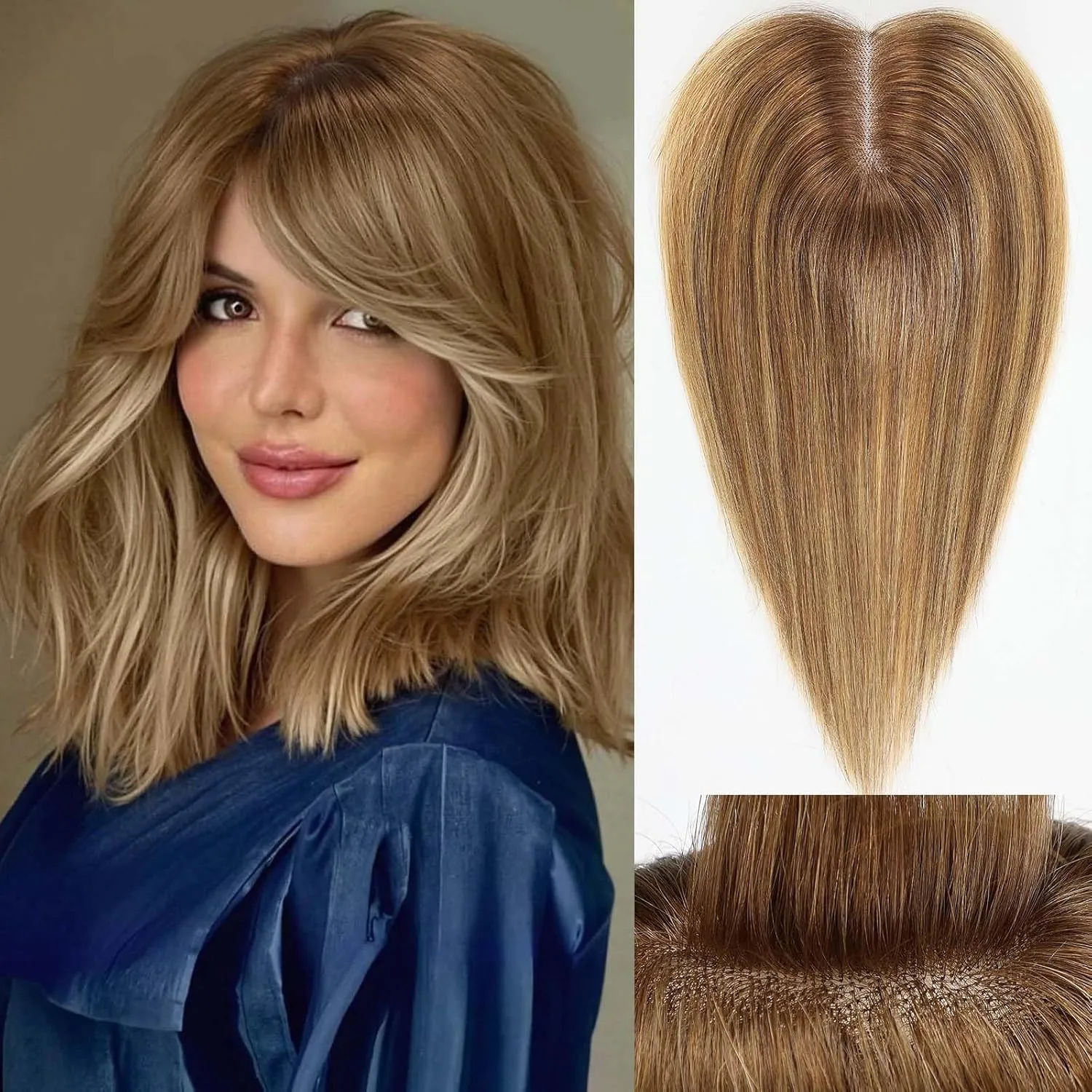 starluck 12 Inch Real Human Hair Toppers for Women with bangs,100% Human Hair Toppers for Women with thinning hair hair loss, 4inch x3inch Swiss Base-Ombre Ash Blonde (Mixed light brown highlight)