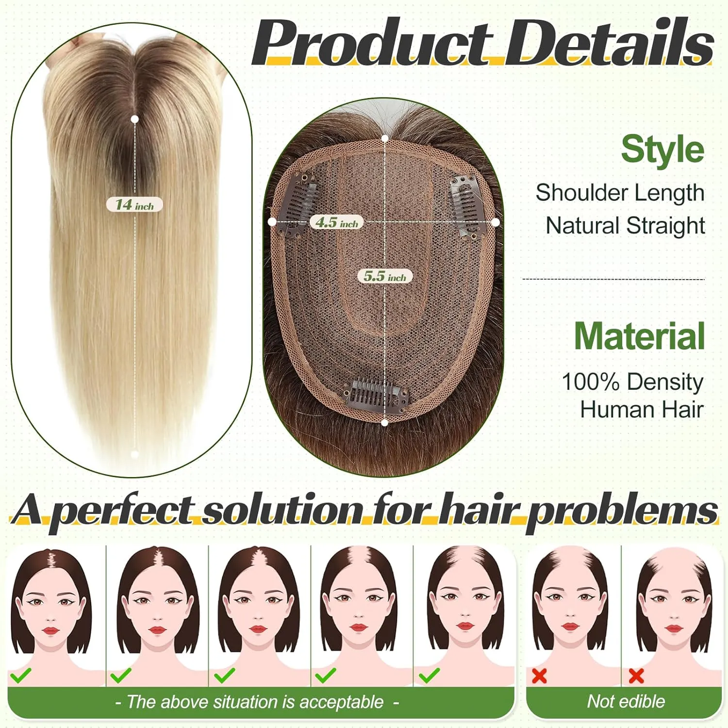 starluck Real Human Hair Toppers for Women, 130% Density, Silk Base Three Clips, No Bangs, Ombre Light Blonde (14inch)