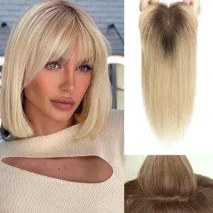 starluck Real Human Hair Toppers for Women, 130% Density, Silk Base Three Clips, No Bangs, Ombre Light Blonde (14inch)