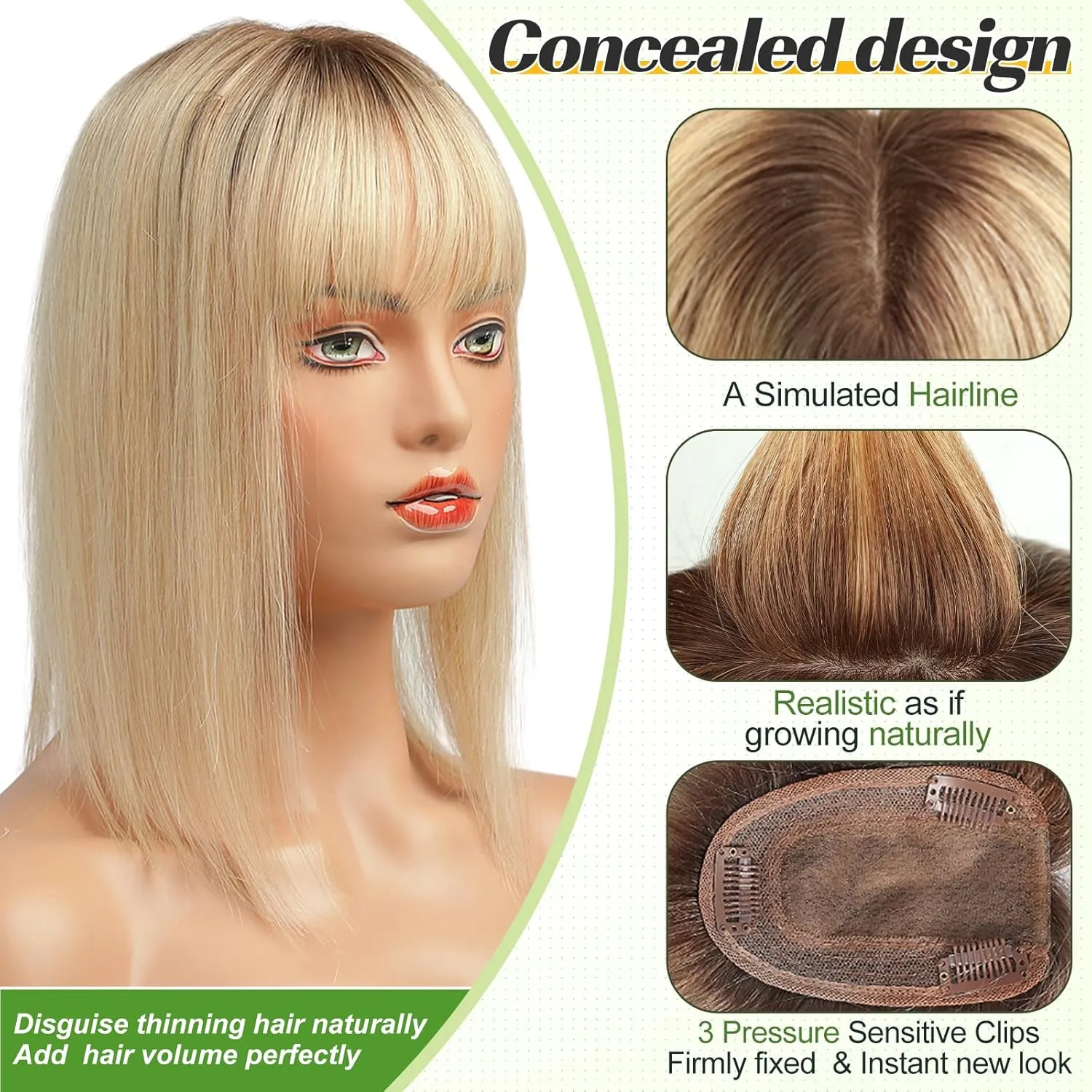 starluck Real Human Hair Toppers for Women, 130% Density, Silk Base Three Clips, No Bangs, Ombre Light Blonde (14inch)