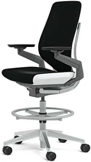Steelcase Gesture 442 Stool Chair - Black Steelcase Leather, Shell Back, Light on Light Frame