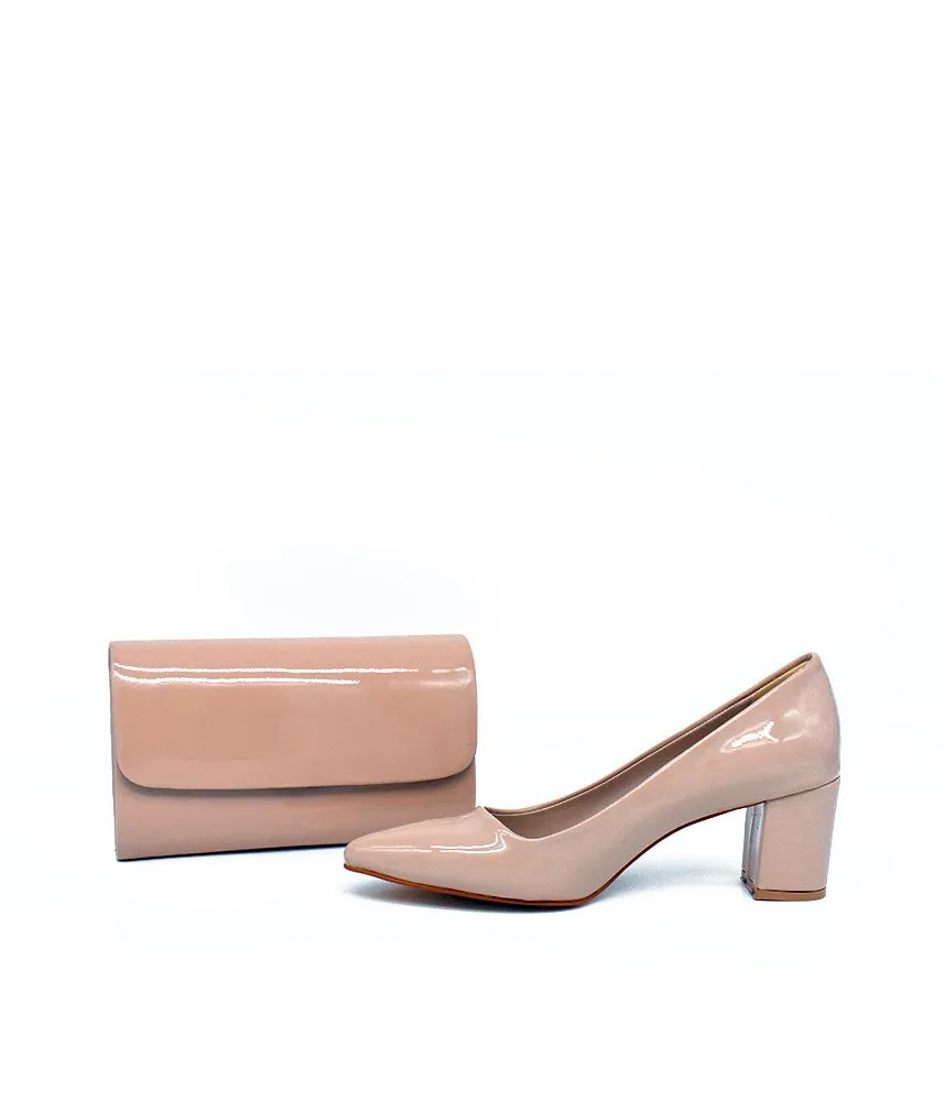 Stylish Beige Block Heels and Matching Bag