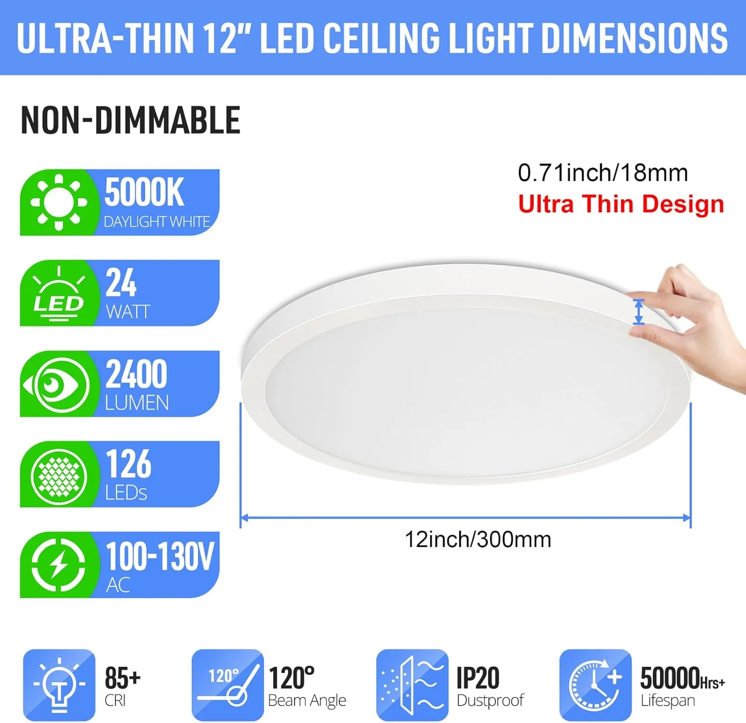 SunRider LED Flush Mount Ceiling Light Fixture, 5000K Daylight White, 2400LM, 12 Inch 24W White Round Flat Bedroom Lights, 240W Equiv. Non-Dimmable