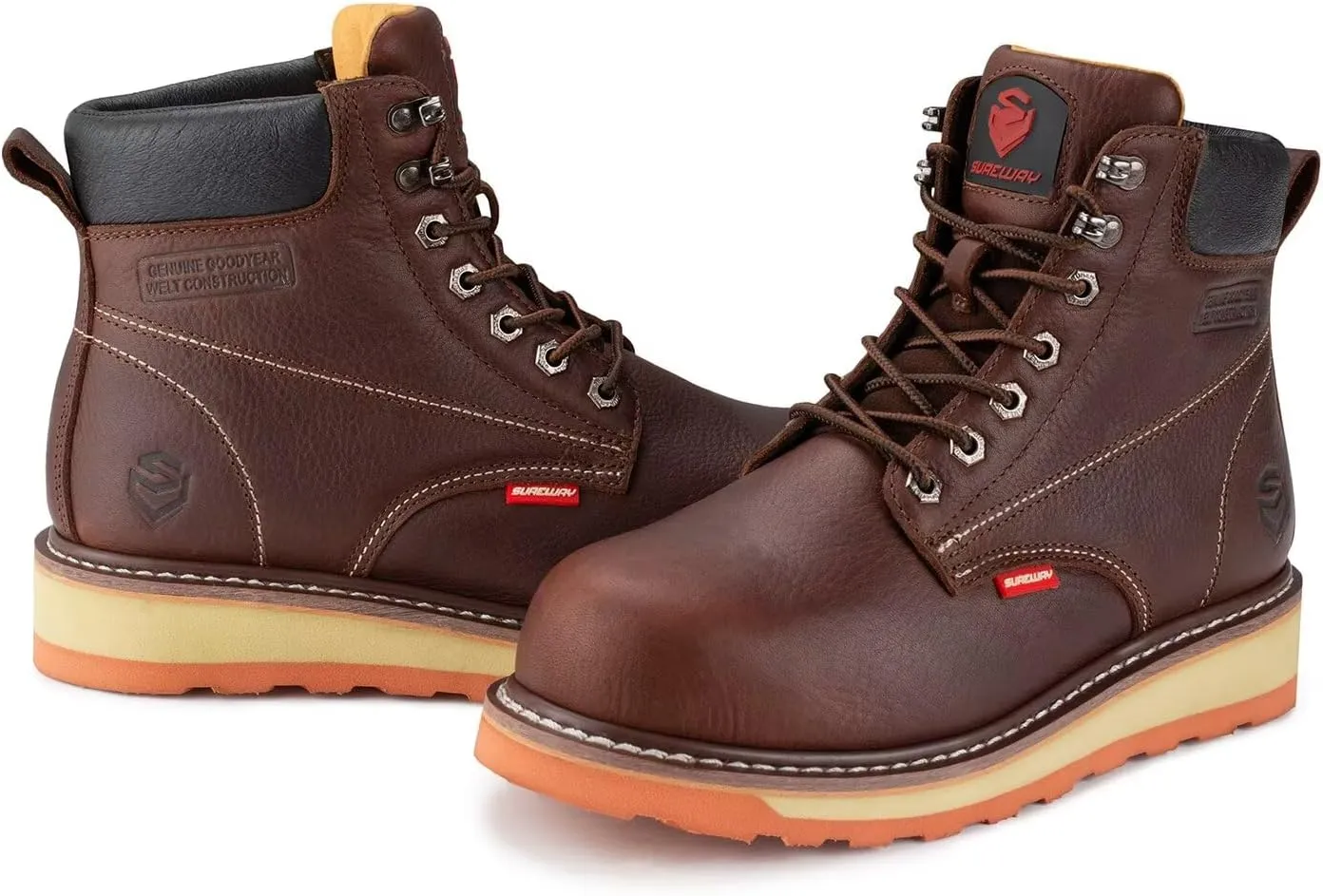 SUREWAY 6” Mens Heavy Duty Soft/Steel Toe Work Boots for Men,Goodyear Welt,Extremely Comfortable Durable Proved,Oil/Slip Resistant,Thicker Leather,Wedge Sole,EH Safety Industrial Construction Boots
