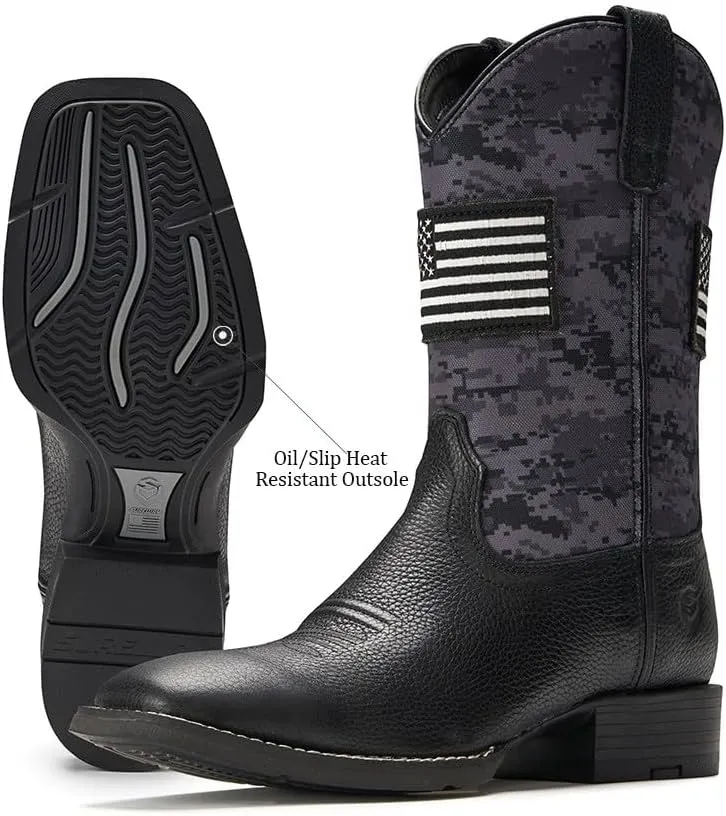 SUREWAY Cowboy Boots For Men - Mens Square Toe Western Boot With Flag,Oil/Slip Resistant,Durable Fashionable Classic Pull on Boots