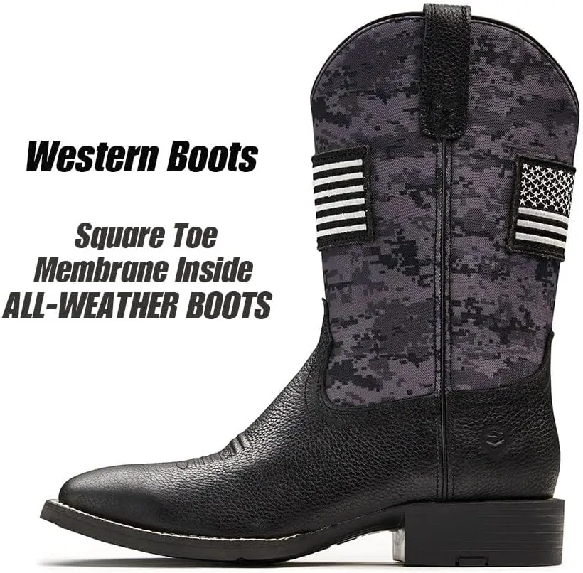 SUREWAY Cowboy Boots For Men - Mens Square Toe Western Boot With Flag,Oil/Slip Resistant,Durable Fashionable Classic Pull on Boots