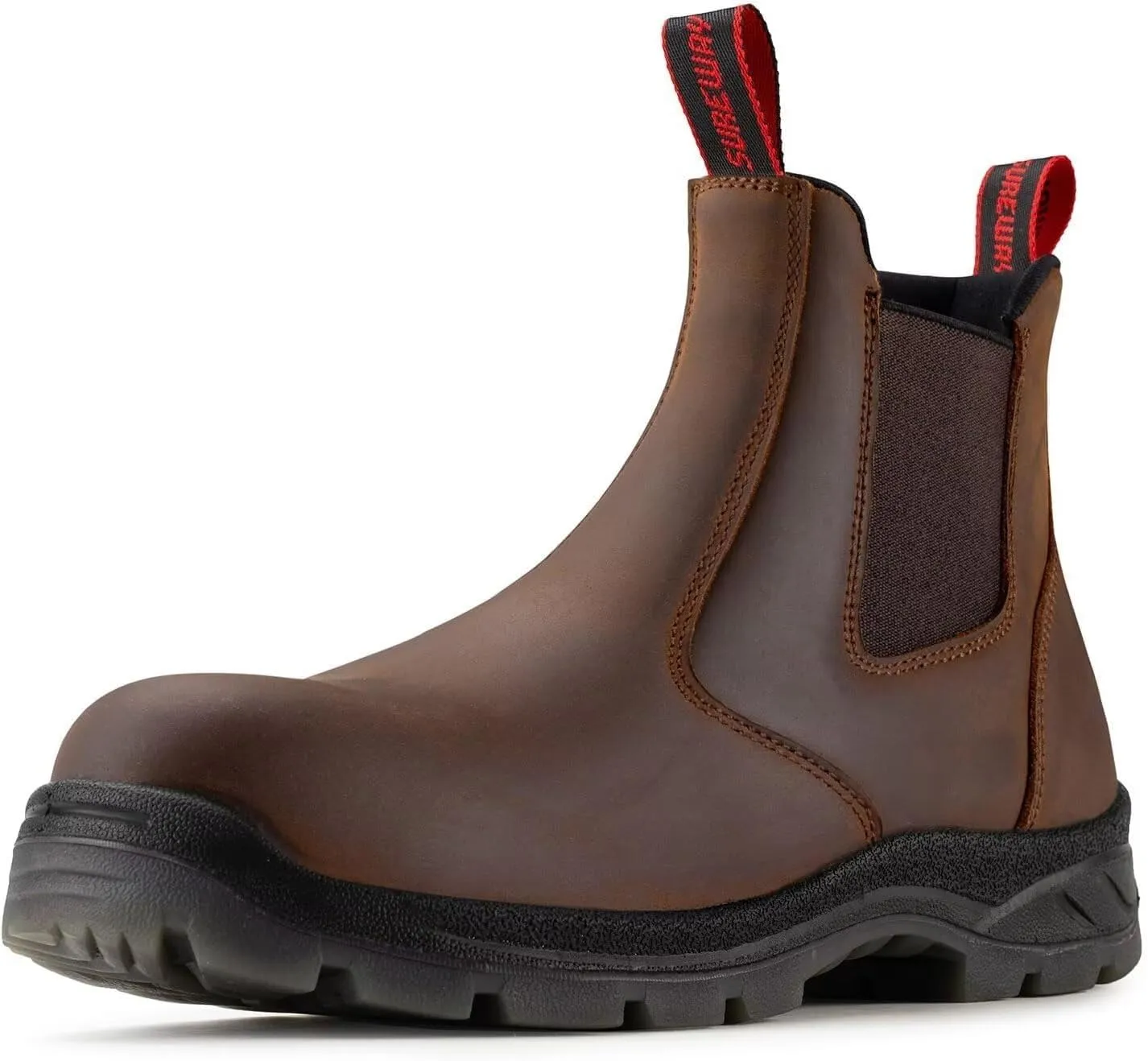 SUREWAY Men's Slip-On Work Boots for Men,Full Grain Leather,Anti-Static,Water/Slip Resistant,Fire Station Mechanic Industrial Construction Safety Boots/Shoes for Men,Soft Toe Brown,Size 13