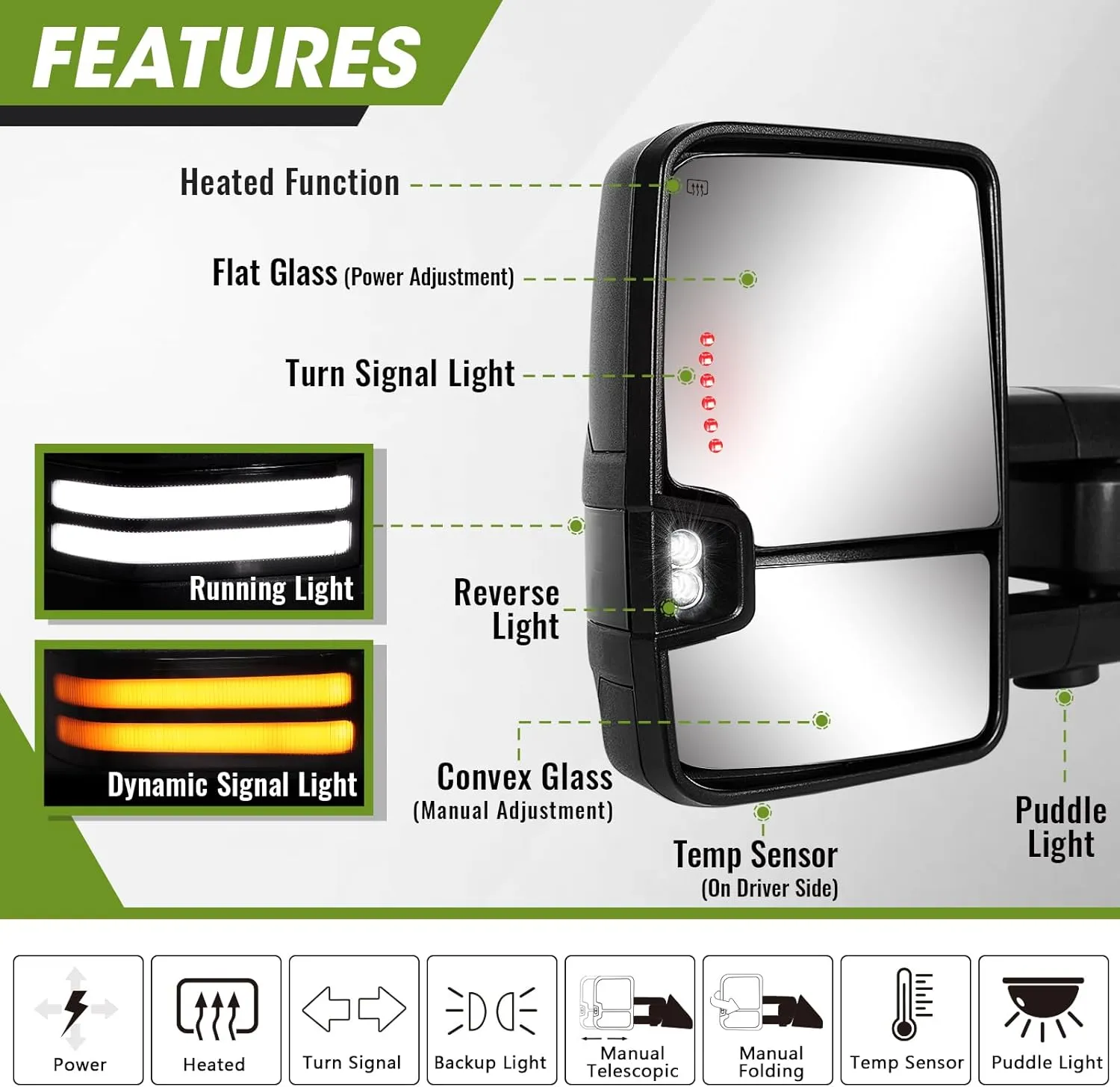 Switchback Towing Mirrors for 2009-2018 Dodge Ram 1500, 2010-2018 Ram 2500 3500, 1500 Classic 2019-2024 with Sequential Signal/Running/Backup/Puddle Lights Extendable Pair(Textured Black)