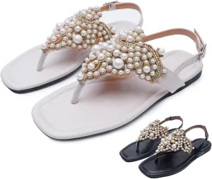 T-Strap Bohemian Flat Flip Flops for Women's Comfortable Fashion Back Ankle Buckle Square Toe Summer Thong Pearl Sandals for Wedding Party Dress