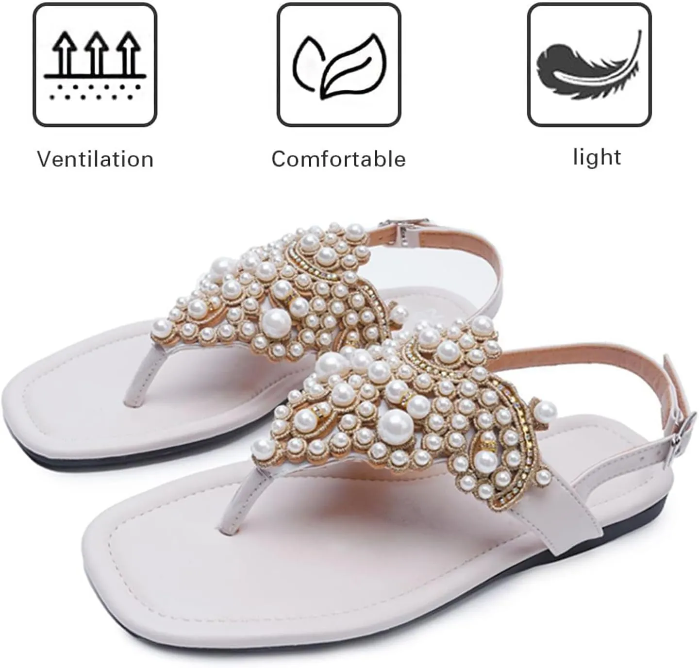 T-Strap Bohemian Flat Flip Flops for Women's Comfortable Fashion Back Ankle Buckle Square Toe Summer Thong Pearl Sandals for Wedding Party Dress