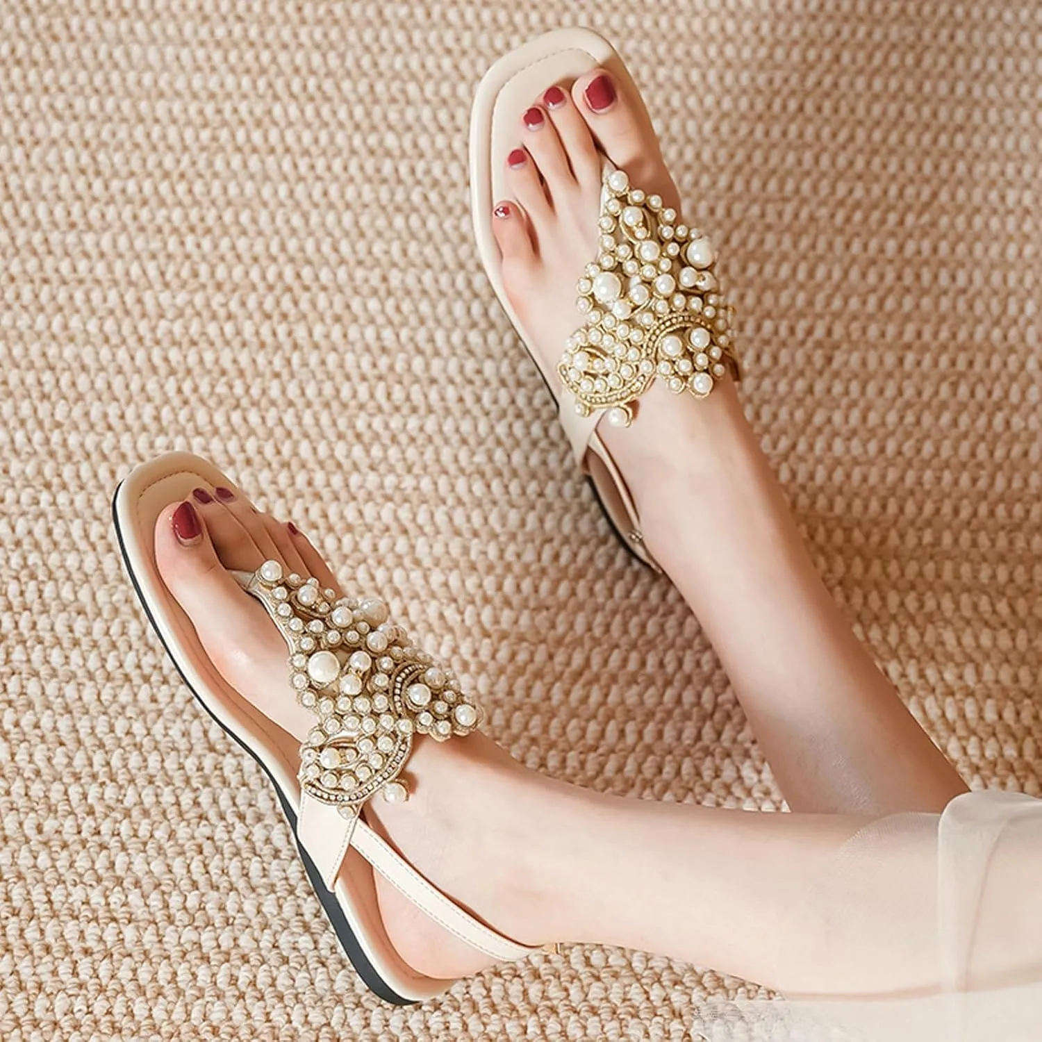 T-Strap Bohemian Flat Flip Flops for Women's Comfortable Fashion Back Ankle Buckle Square Toe Summer Thong Pearl Sandals for Wedding Party Dress