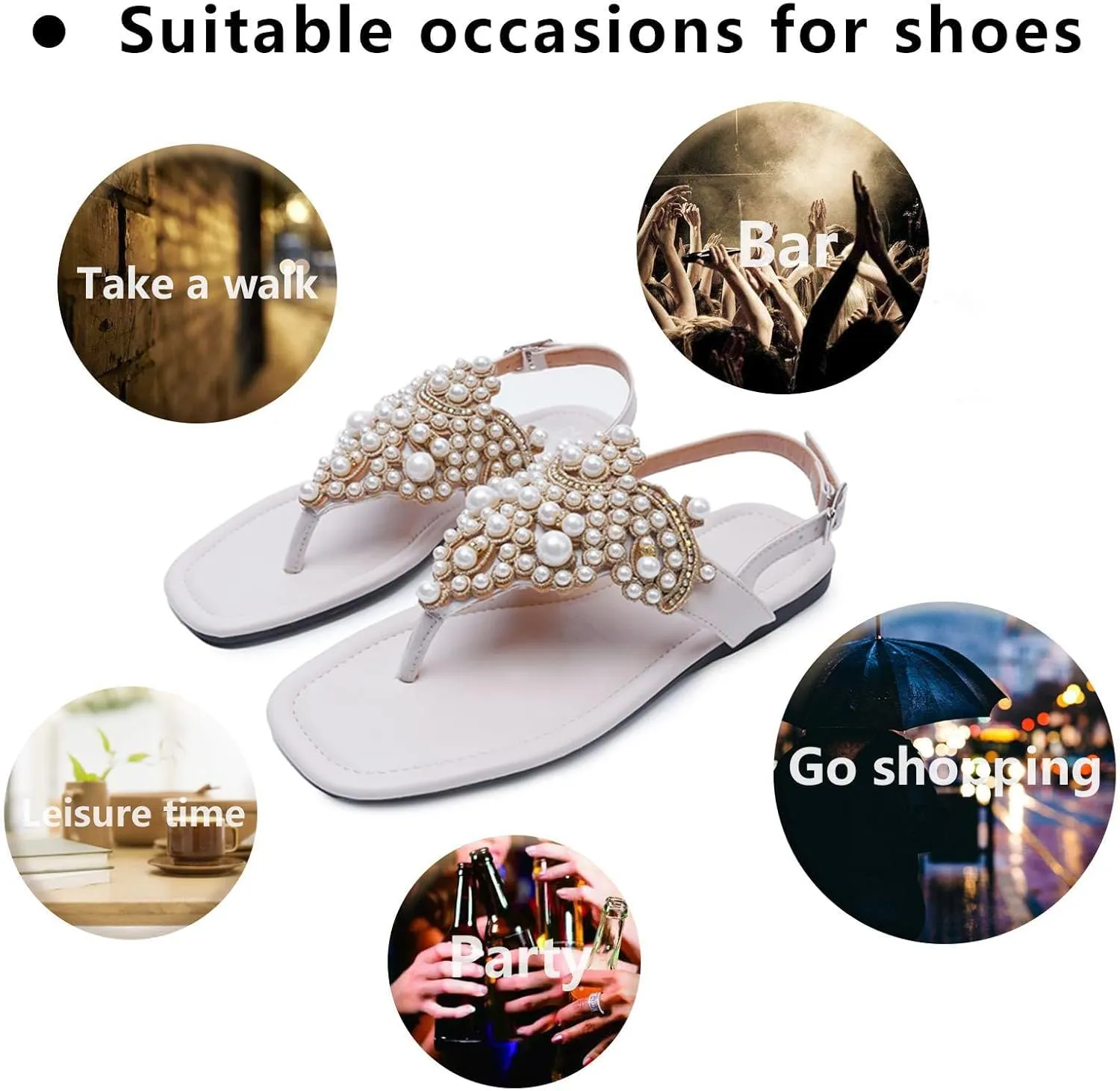 T-Strap Bohemian Flat Flip Flops for Women's Comfortable Fashion Back Ankle Buckle Square Toe Summer Thong Pearl Sandals for Wedding Party Dress