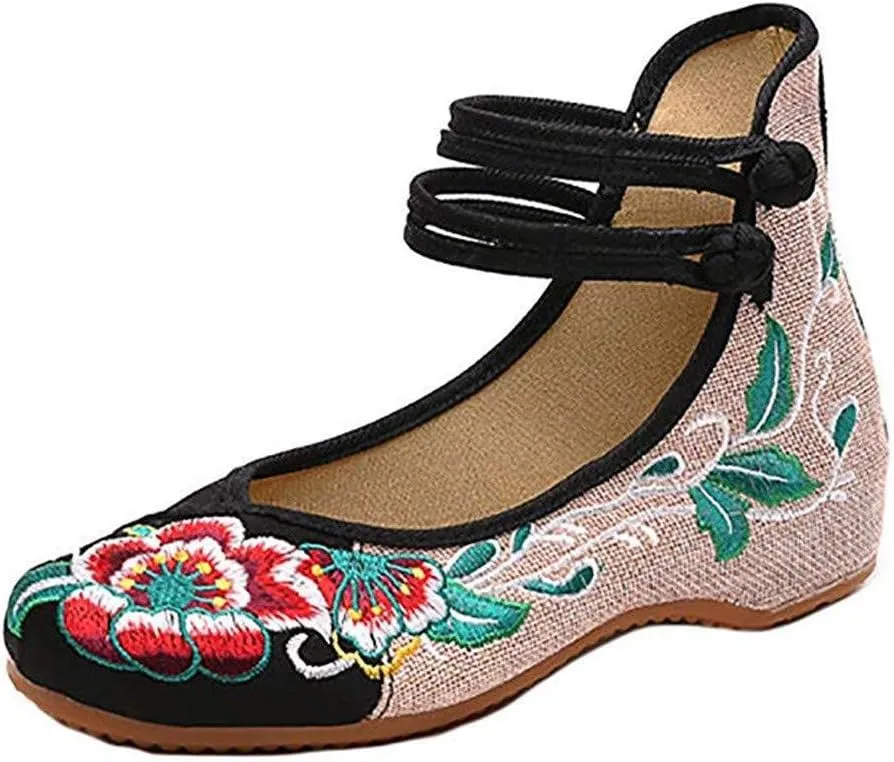 TangDao Women's Casual Flat Chinese Embroidered Floral Cheongsam Walking Mary Jane Ballet Shoes for Women