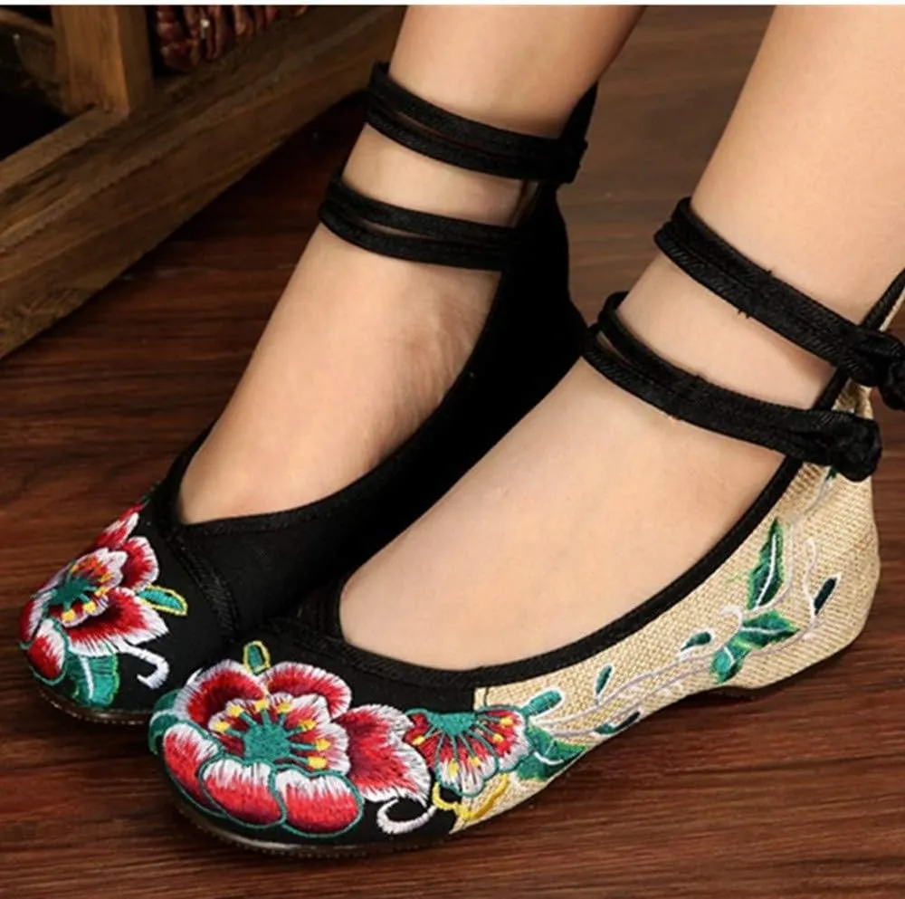 TangDao Women's Casual Flat Chinese Embroidered Floral Cheongsam Walking Mary Jane Ballet Shoes for Women