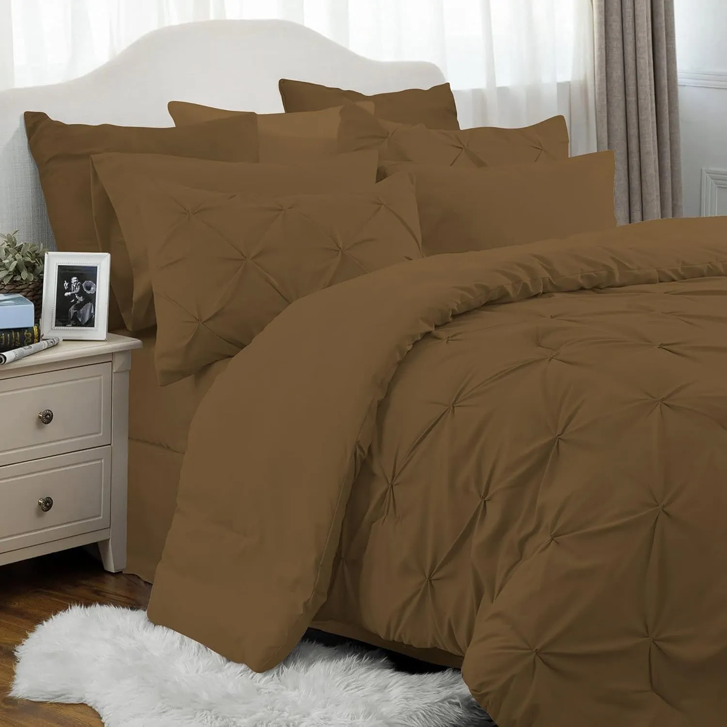 Taupe Emperor Comforter Set - 7 Piece Pinch Pleated Bed in a Bag - 600 Thread Count 100% Egyptian Cotton Bedding Set - (30 inch Deep Pocket Sheet Set and 500GSM Comforter)