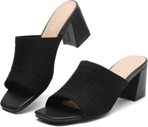 Tilocow Knit Heeled Sandals Chunky Low Block Heel Mules for Women Square Open Toe Heels Slip On Breathable Slides Sandal
