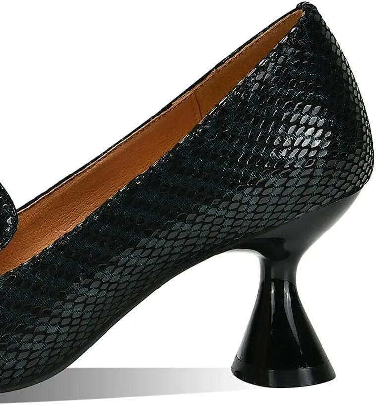 TinaCus Handmade Women's Glossy Genuine Leather Snakeskin Slip On Pointed Toe Mid Spool Heel Pumps Shoes