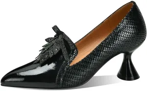TinaCus Handmade Women's Glossy Genuine Leather Snakeskin Slip On Pointed Toe Mid Spool Heel Pumps Shoes