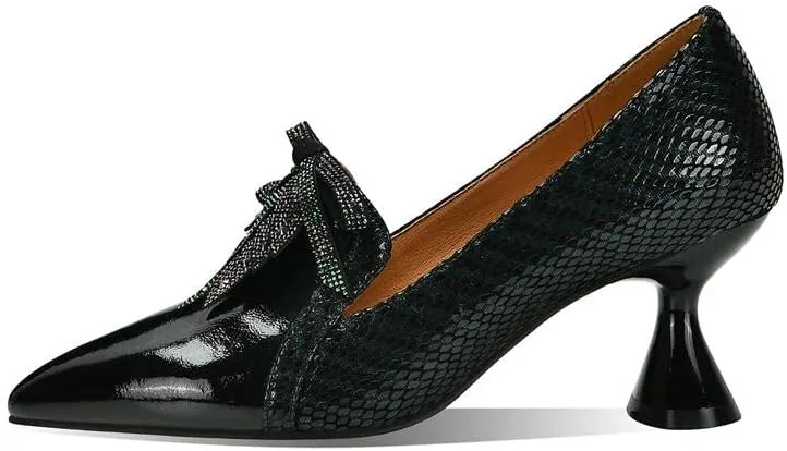 TinaCus Handmade Women's Glossy Genuine Leather Snakeskin Slip On Pointed Toe Mid Spool Heel Pumps Shoes