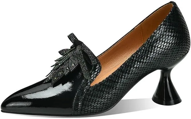 TinaCus Handmade Women's Glossy Genuine Leather Snakeskin Slip On Pointed Toe Mid Spool Heel Pumps Shoes