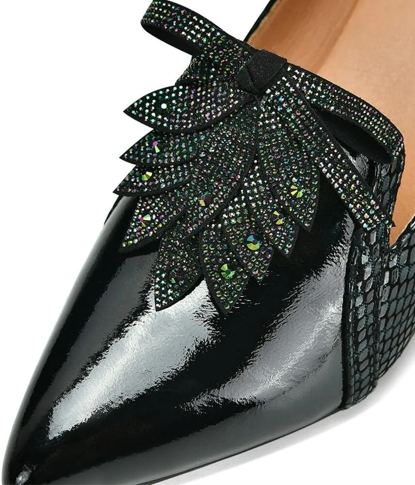 TinaCus Handmade Women's Glossy Genuine Leather Snakeskin Slip On Pointed Toe Mid Spool Heel Pumps Shoes