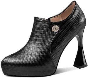 TinaCus Women's Genuine Leather Handmade Side Zip Up Plaid Pointed Toe High Stilleto Heel Platform Pumps Shoes